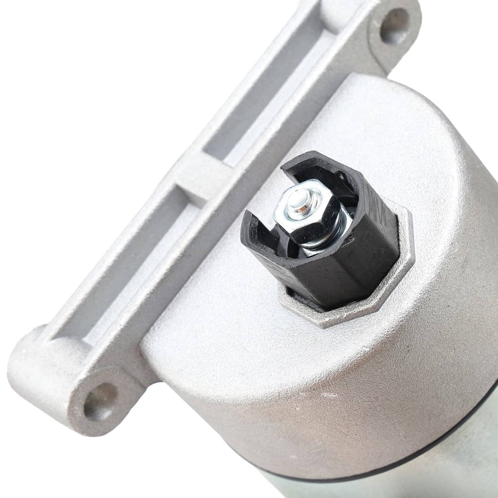 Starter motor assembly connector terminal on metal mounting base, close-up