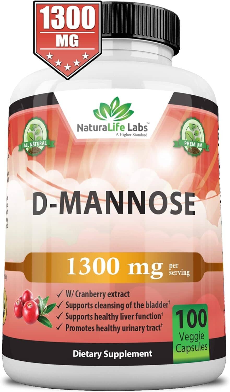 D-mannose 1300 mg supplement bottle with vegan label and 100 capsules