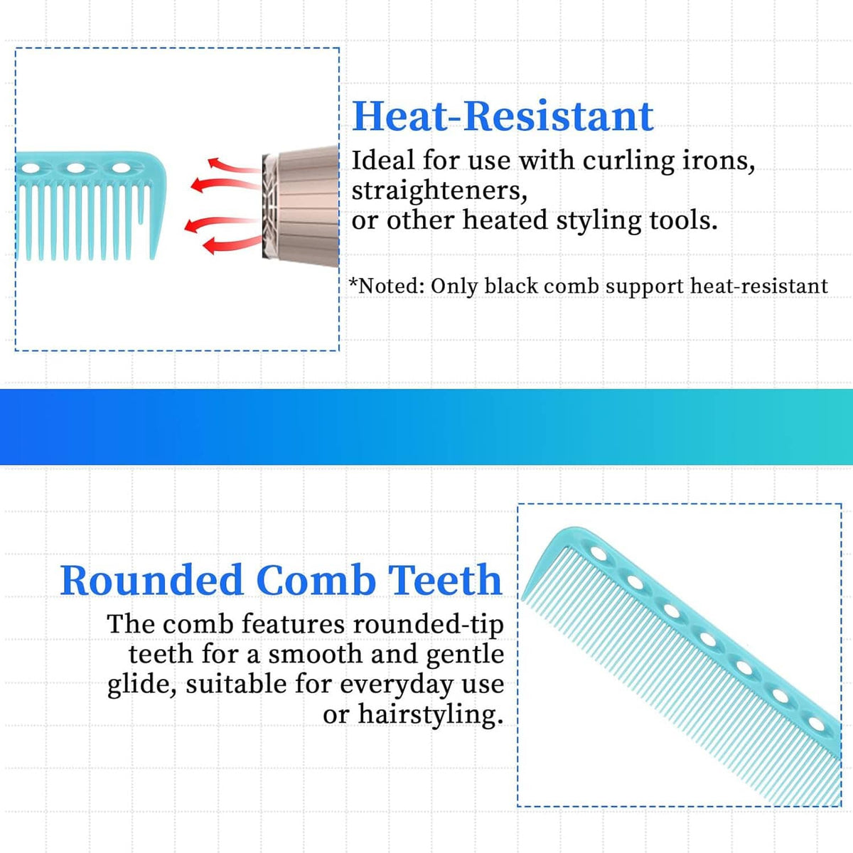 Turquoise fine-tooth comb with rounded tips for gentle styling and cutting