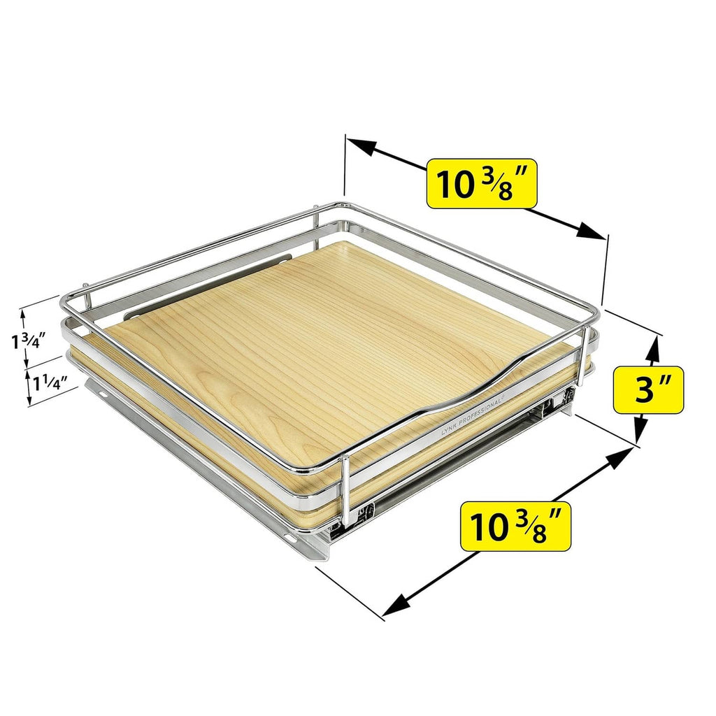 1-tier pull-out spice rack with chrome frame and wood tray, angled view