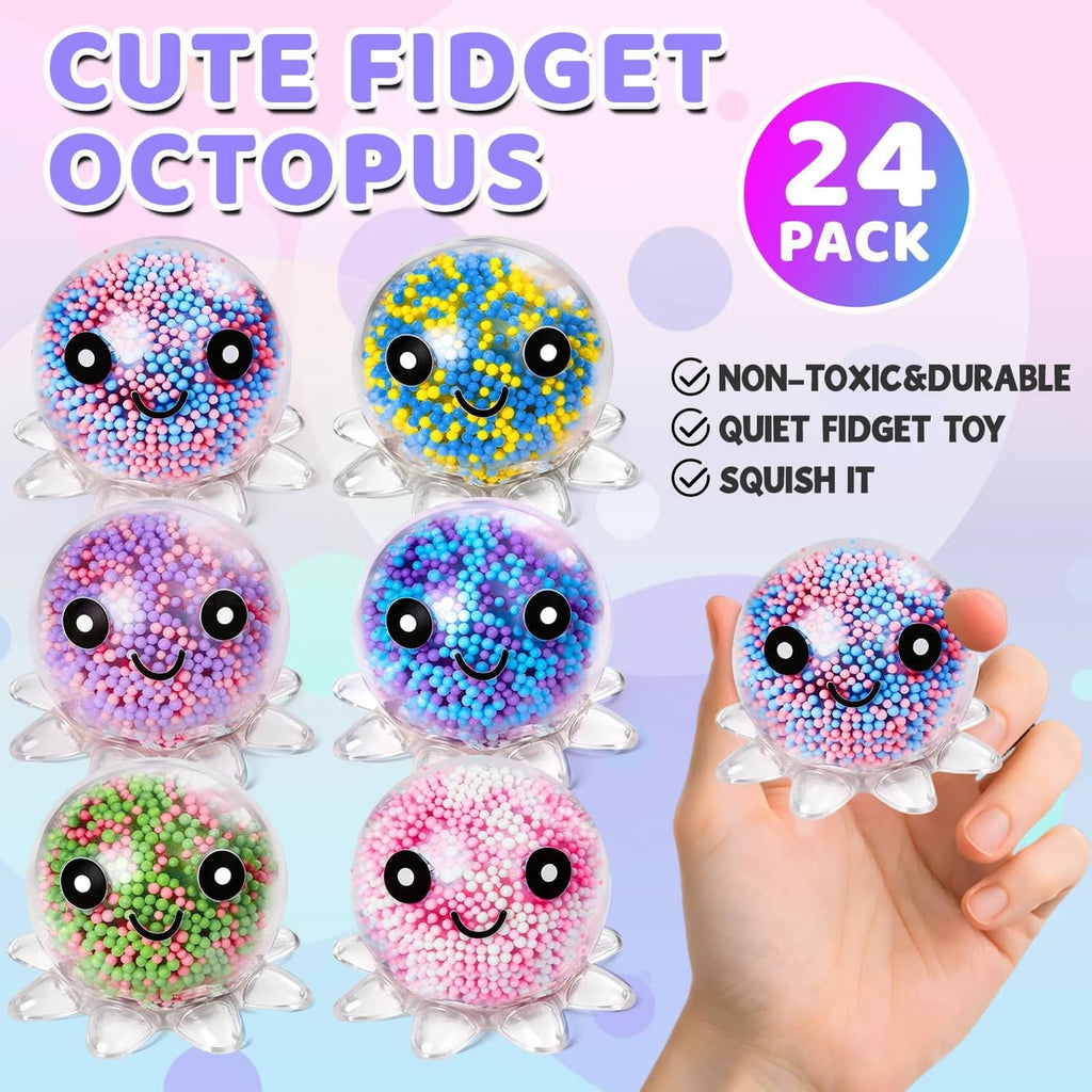24-pack cute octopus fidget balls, rainbow speckled balls on clear feet