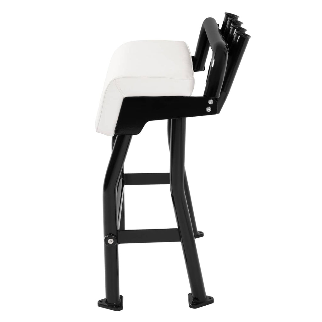 Leaning boat seat with white padded backrest and black support frame