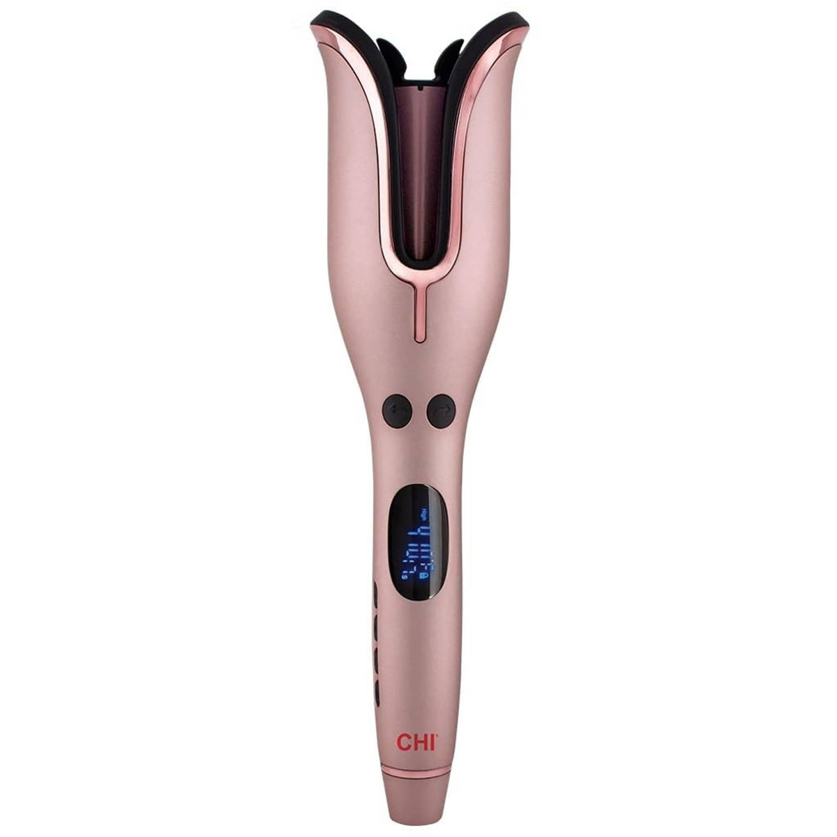 CHI Spin n Curl rose gold rotating ceramic iron with U-shaped clamp and blue display