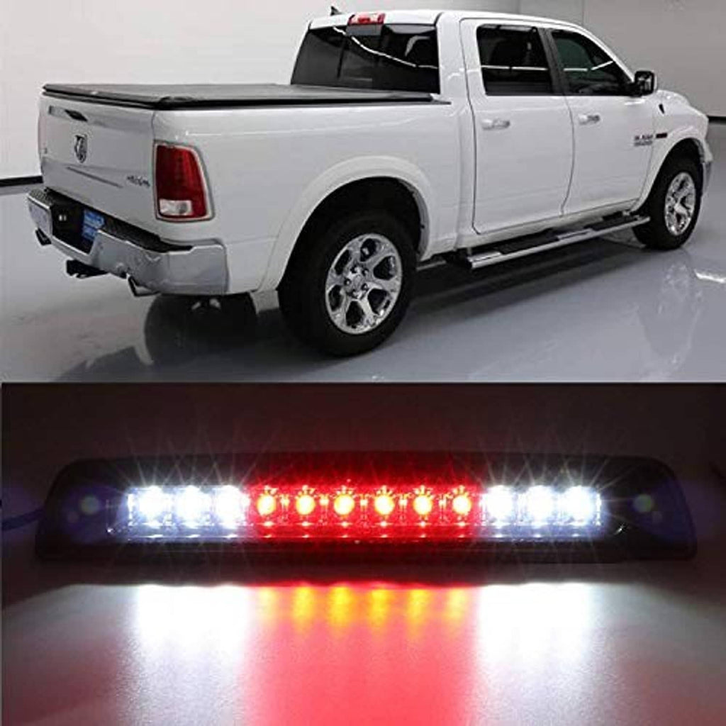 LED 3rd brake light bar on pickup, red center brake LEDs glowing with white side LEDs
