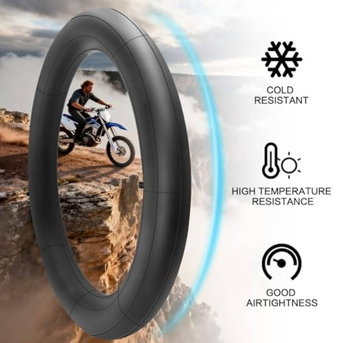 Black dirt bike inner tube loop with valve stem, shown with resistance icons