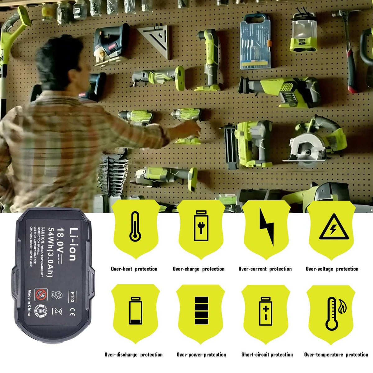 18V Li-ion battery pack with safety protection icons for overheat and overload