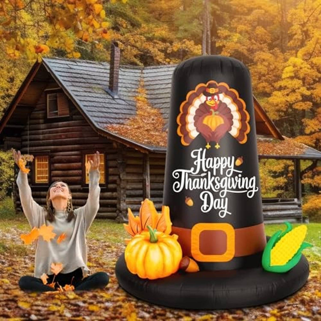 Inflatable black pilgrim hat with Happy Thanksgiving Day print, turkey graphic, pumpkin and corn