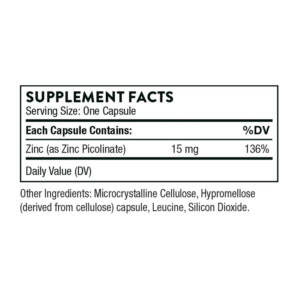 Supplement facts panel for 15 mg zinc (as zinc picolinate), dietary supplement