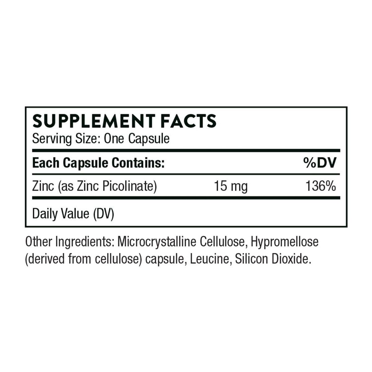 Supplement facts panel for 15 mg zinc (as zinc picolinate), dietary supplement