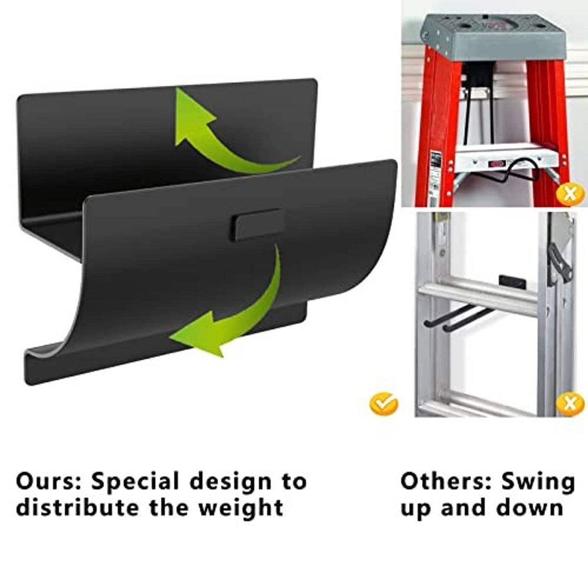 Black wall-mount ladder hooks with raised lip and latch slot for weight support
