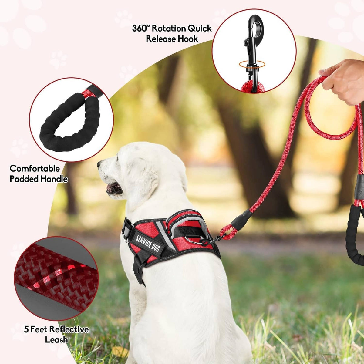 Red and black service dog in-training vest harness with reflective leash and padded handle