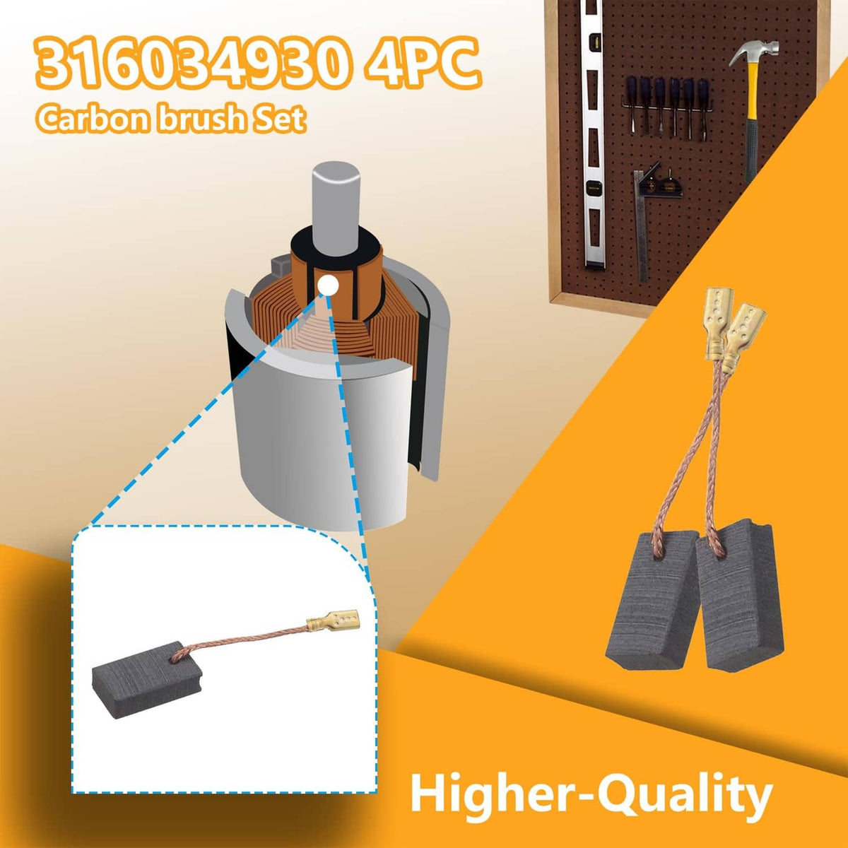 Set of four carbon brushes: dark gray blocks with braided copper leads and brass tabs