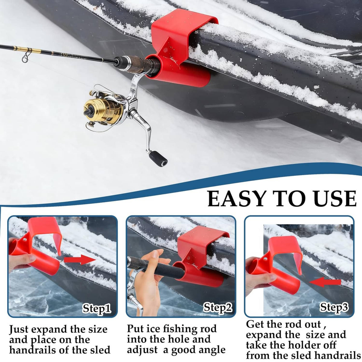 Red plastic rod holder clamp with open socket for ice fishing rod on sled