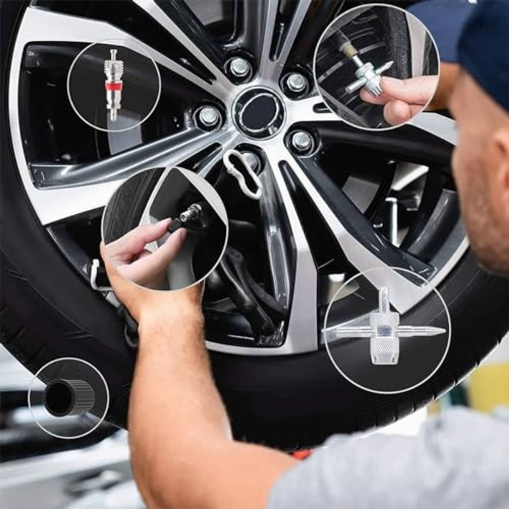 Mechanic uses valve stem installer tool on a car wheel rim