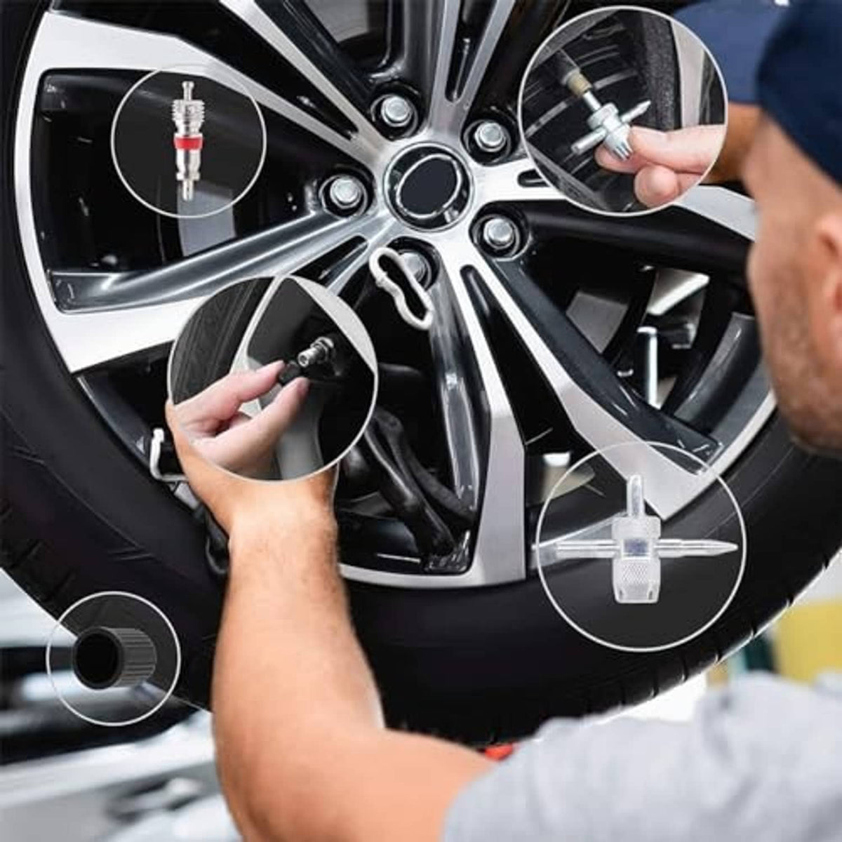 Mechanic uses valve stem installer tool on a car wheel rim