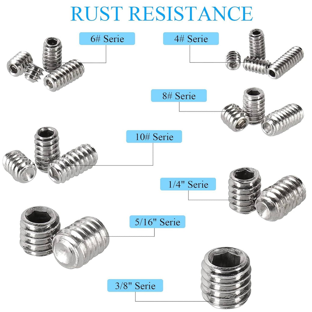 Assorted stainless steel hex set screws shown by size series labels