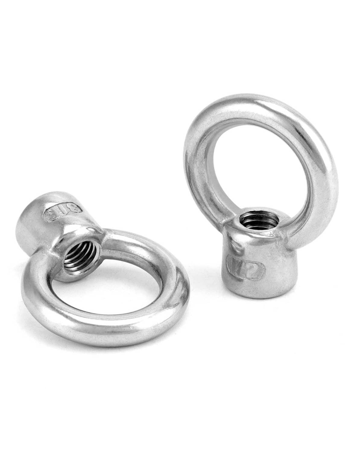 Stainless lifting eye nuts, 1/2 in UNC threaded eye, two-piece angled view