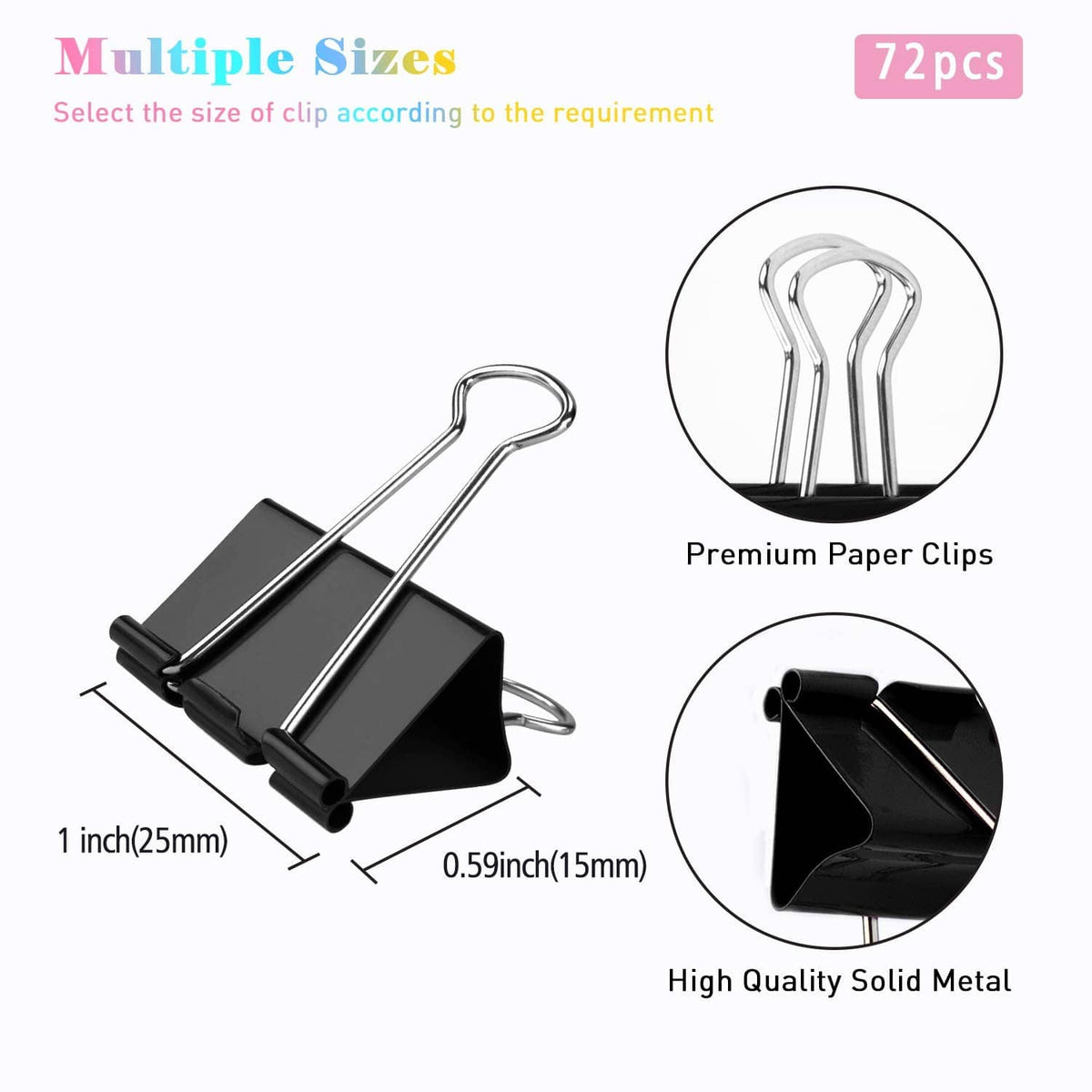 Black 1-inch binder clips, solid metal with arched wire handles, 72-pack