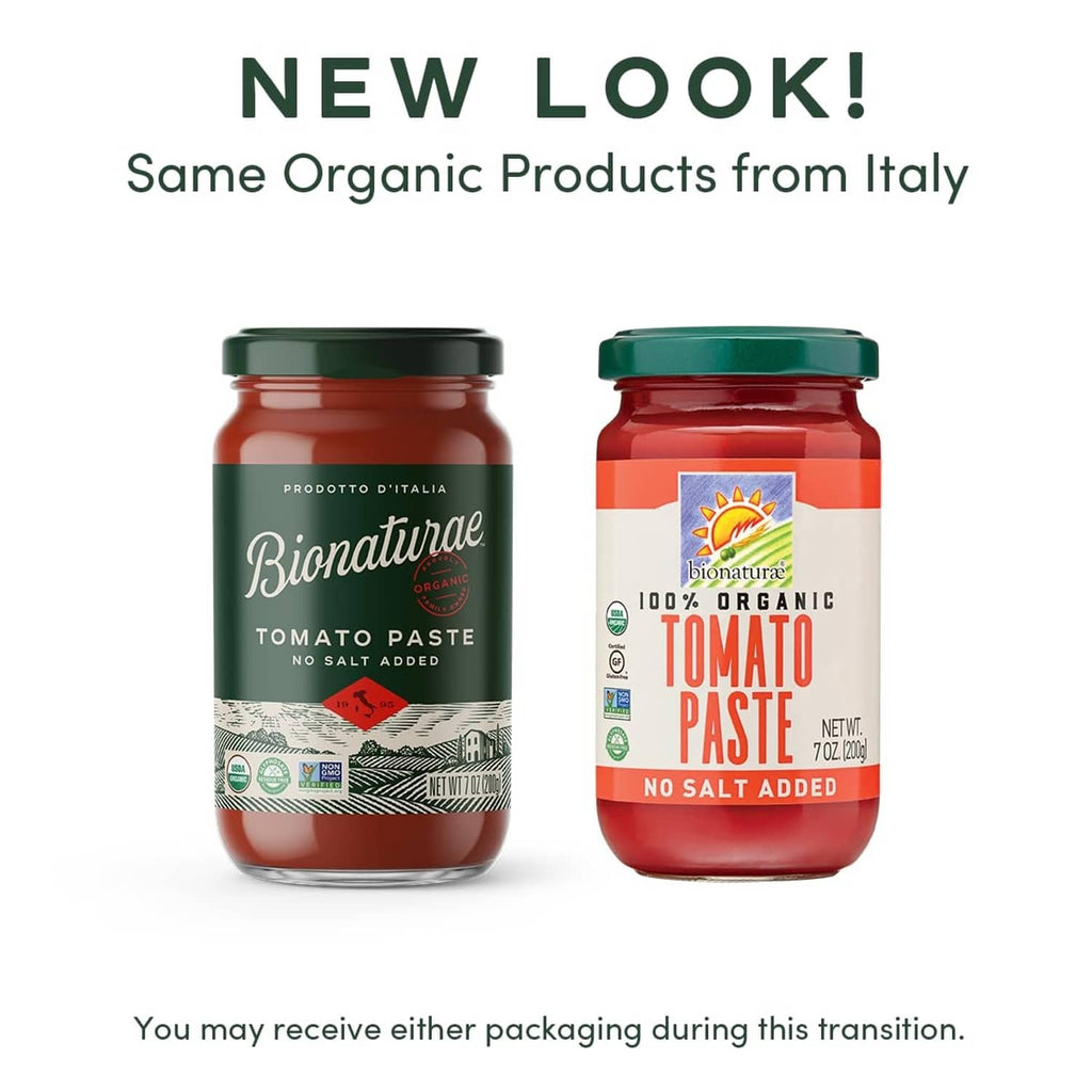 Two tomato paste jars side by side, green caps, red and green labels