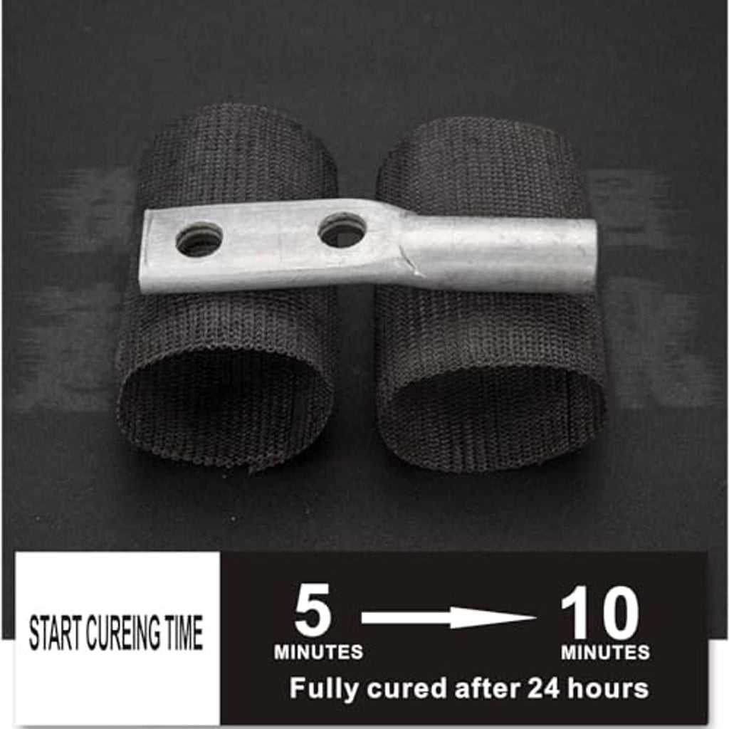 Two black fiberglass repair wrap bands on a silver metal bar, curing timing shown.