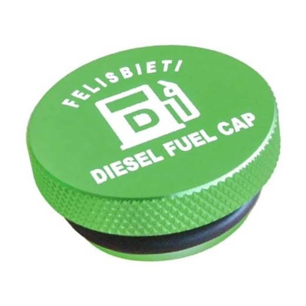 Green diesel fuel cap with white logo text on top and textured grip edge