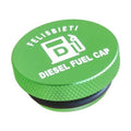 Green diesel fuel cap with white logo text on top and textured grip edge