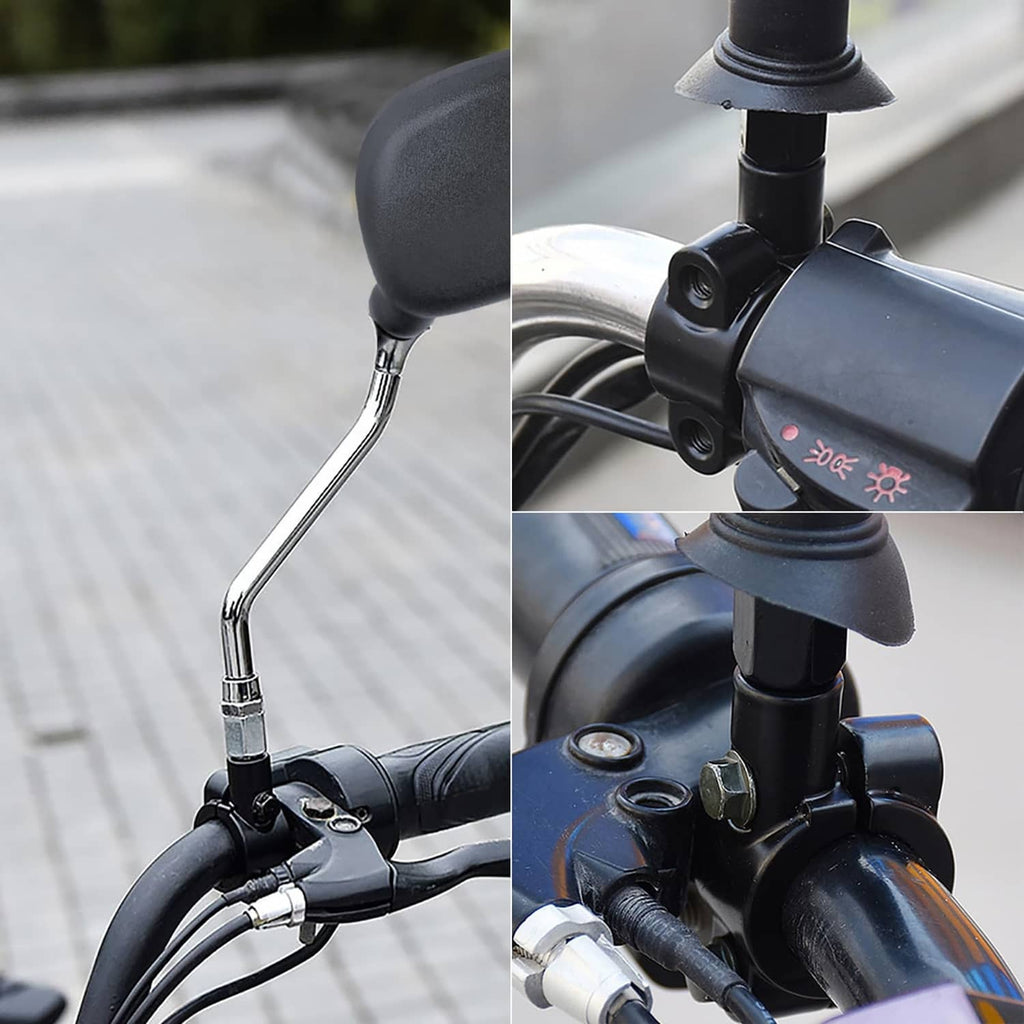 Black mirror mount clamp with screws on motorcycle handlebar, close-up