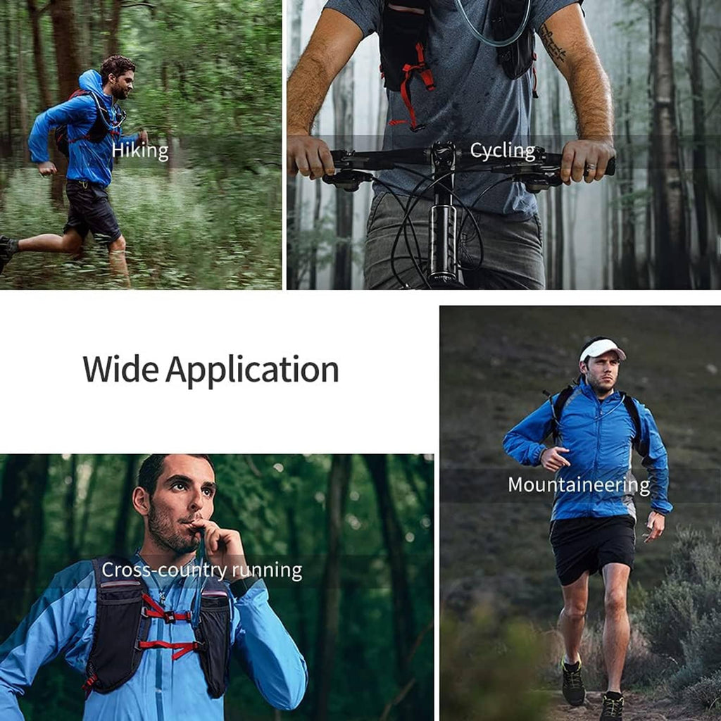 Blue hydration pack worn by cyclist, with visible drinking tube and chest strap