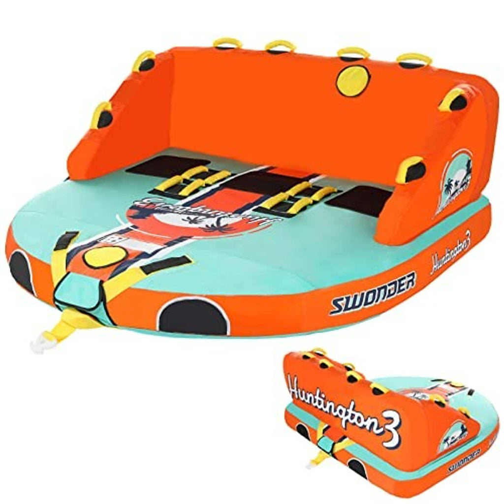 Orange and teal 3-person towable tube with padded deck and bundled smaller tube