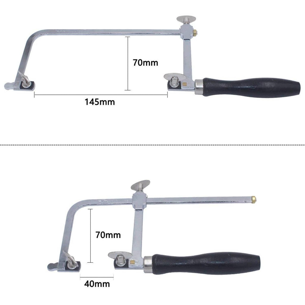 Adjustable jeweler's saw frame with black handle and adjustable arm lengths