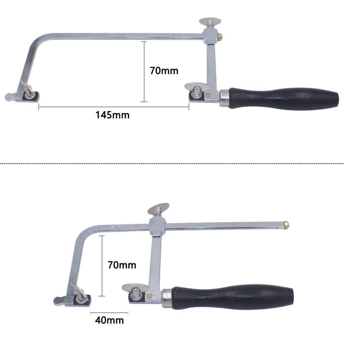 Adjustable jeweler's saw frame with black handle and adjustable arm lengths