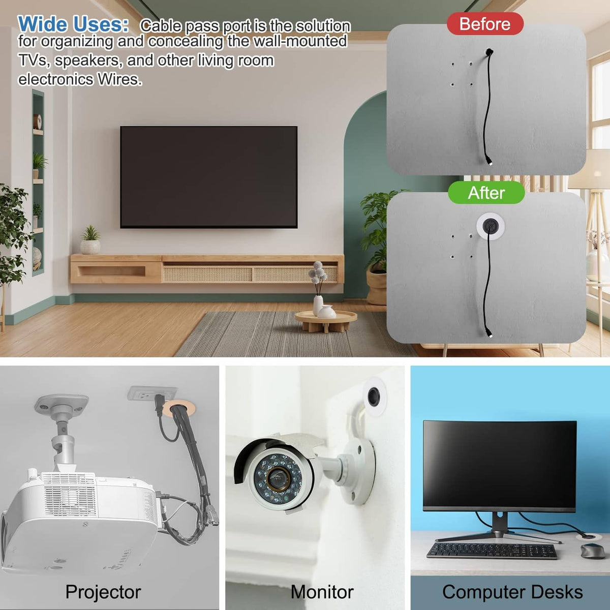 Dark gray wall-mounted cable pass-through port with orange clips, cables routed through
