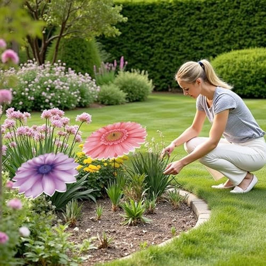 Outdoor flower plant umbrella stakes with pink and purple daisy blooms in a garden bed