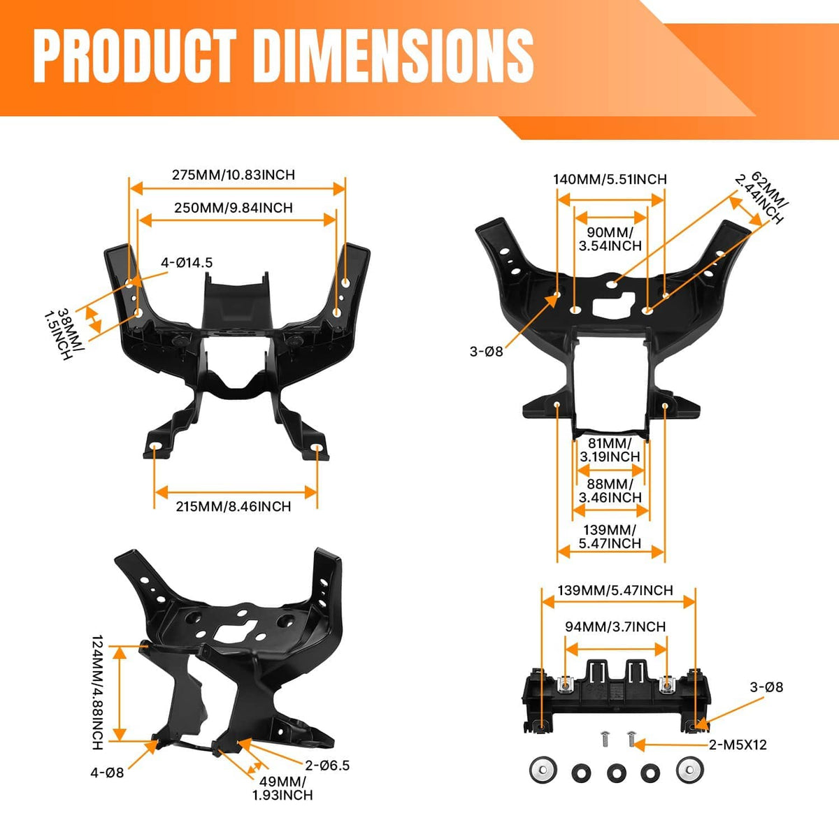 Black front headlight fairing stay bracket with product dimension diagram