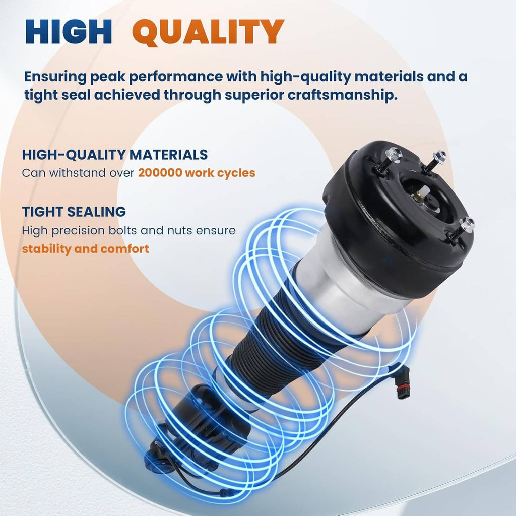 Front air suspension strut shock absorber with black top mount and silver cylinder
