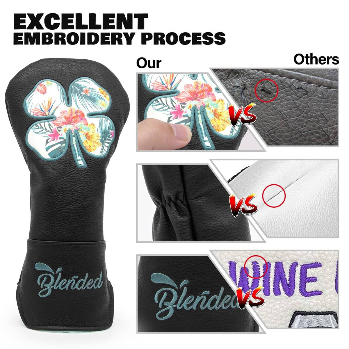 Black driver golf club head cover with four-leaf clover floral embroidery, detailed stitching