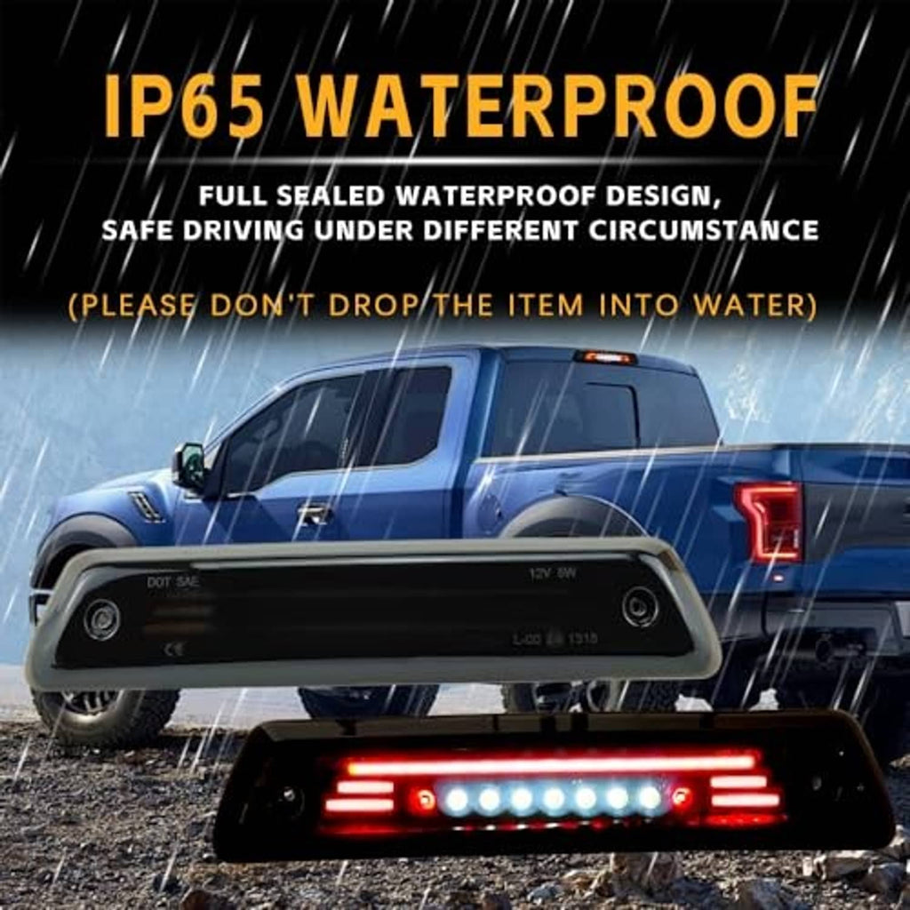 LED third brake light with black housing, red outer strips and white center LEDs