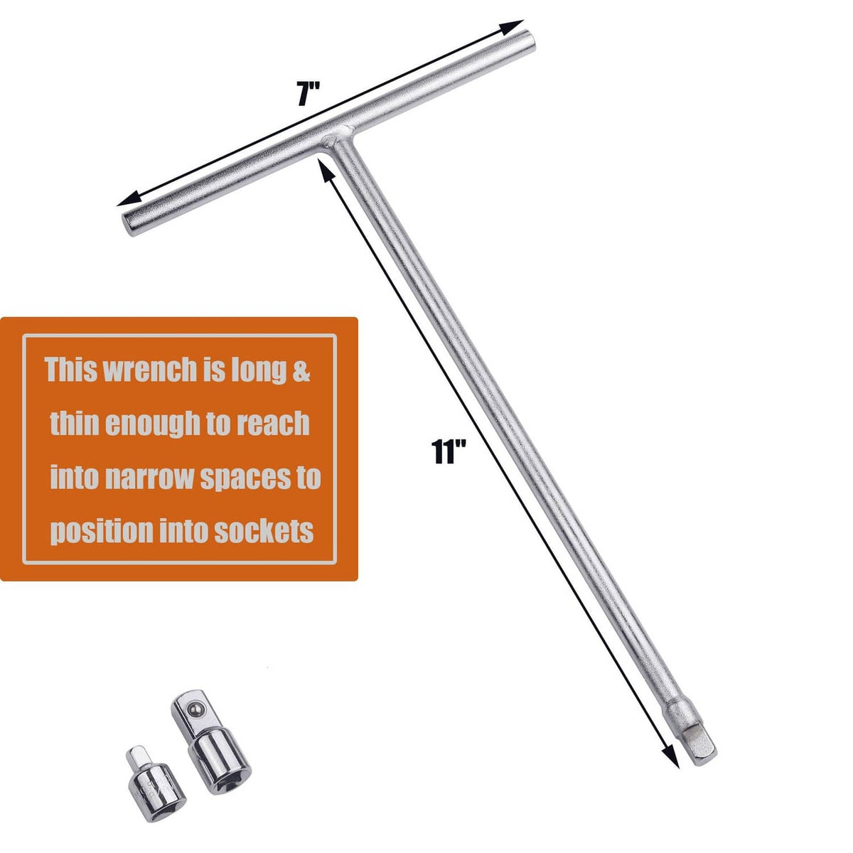 Long-reach T-handle wrench with 7 in bar and 11 in handle length