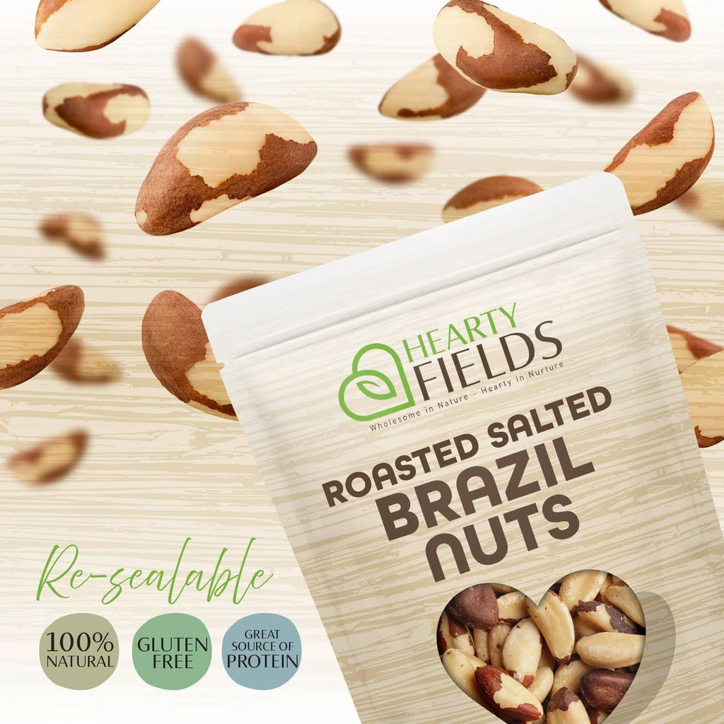 Hearty Fields roasted salted brazil nuts pouch with resealable top