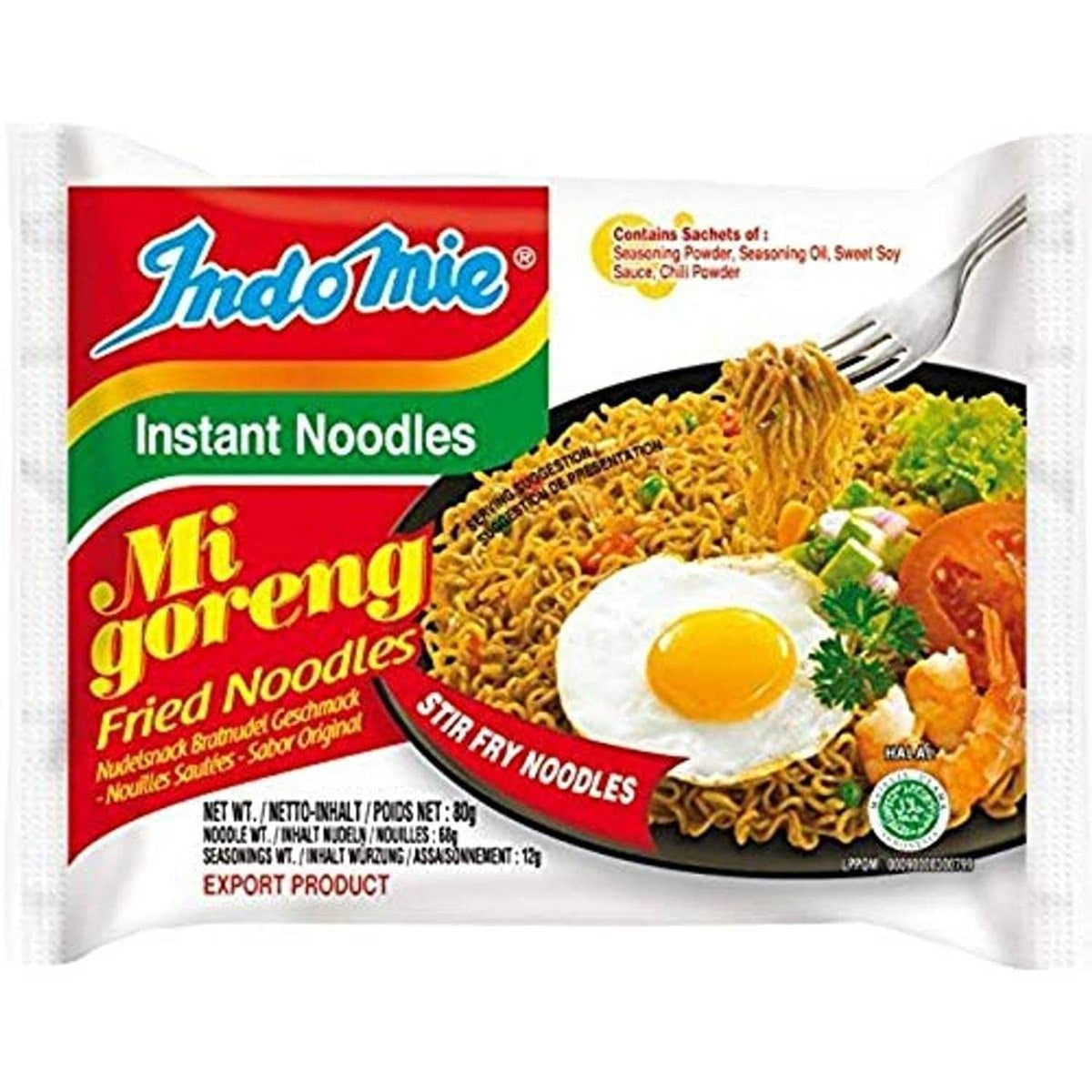 Instant noodles pack with Mi goreng fried noodle image and seasoning contents shown