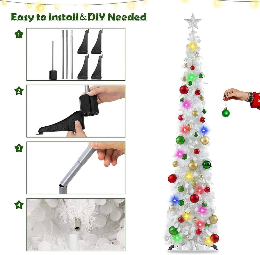 White pop-up Christmas tree with star topper and multicolor LED lights, on four-base stand