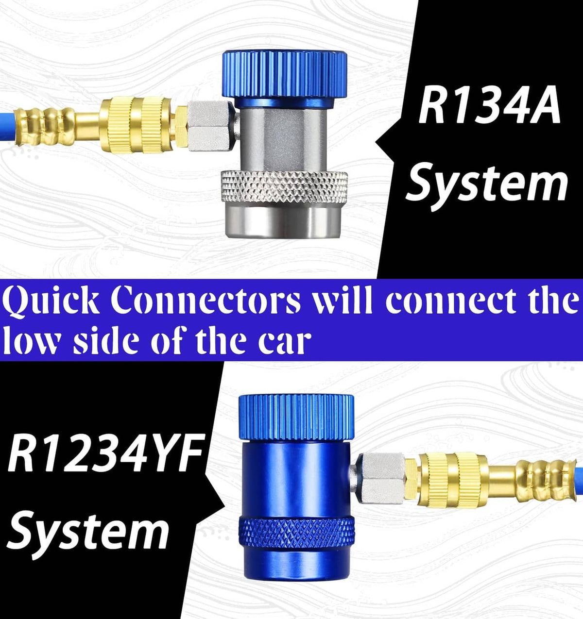 R134A and R1234YF injector systems with blue caps and brass quick connectors
