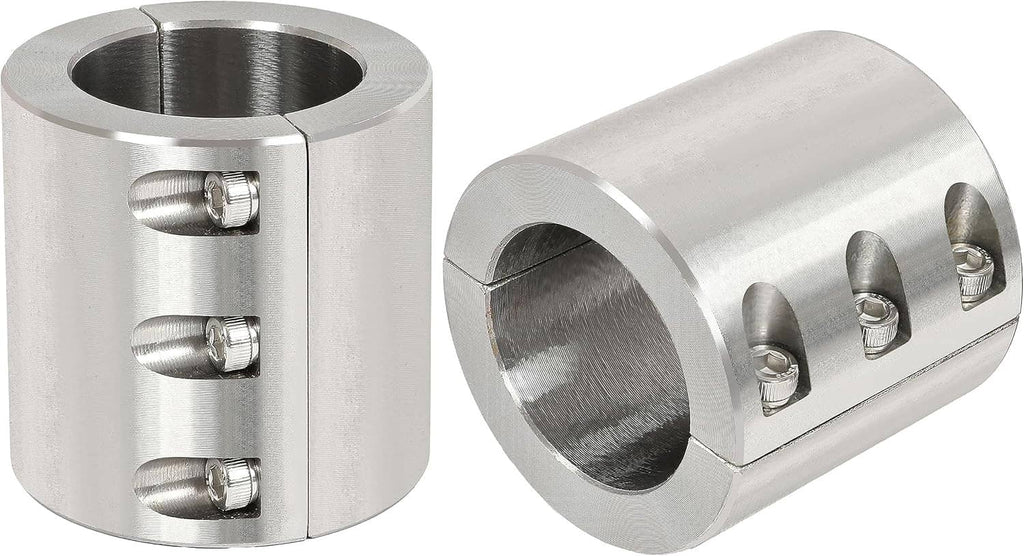 Brushed metal split-collar tube clamp with rounded ends and three-bolt mounting plate