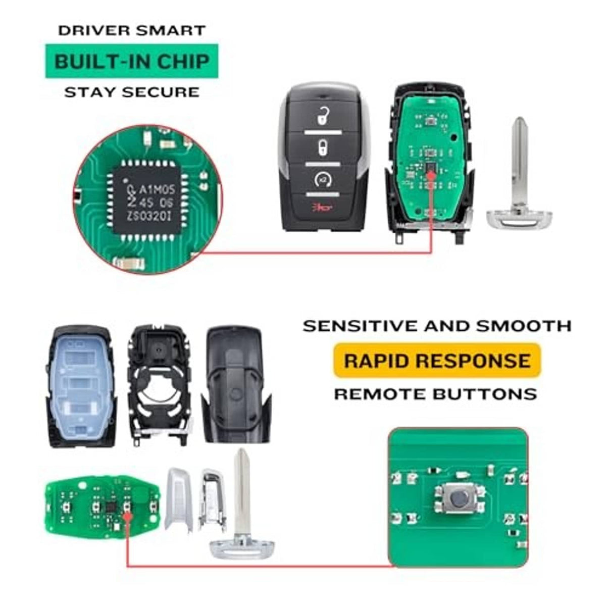 Black keyless entry remote fob with built-in chip circuit views and internal components