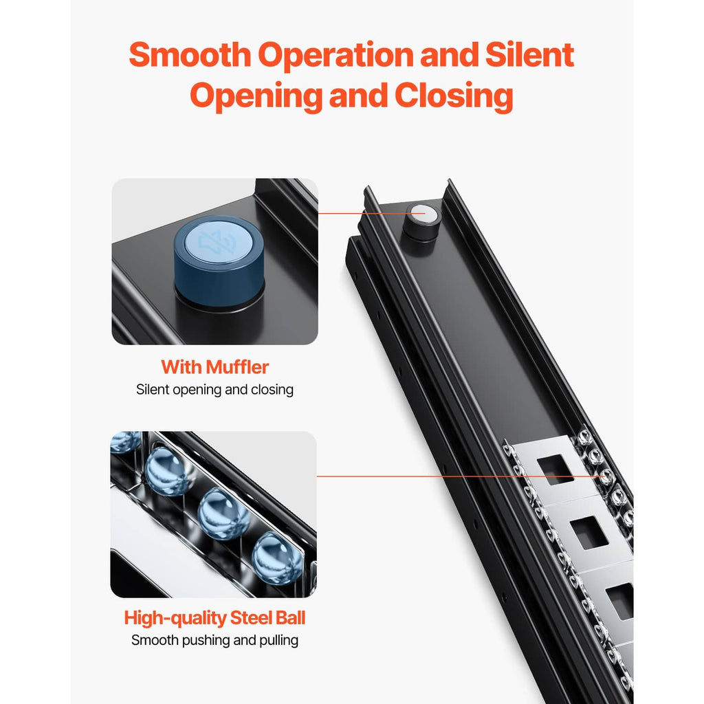 Black drawer slide rail mechanism with muffler and steel ball bearing detail