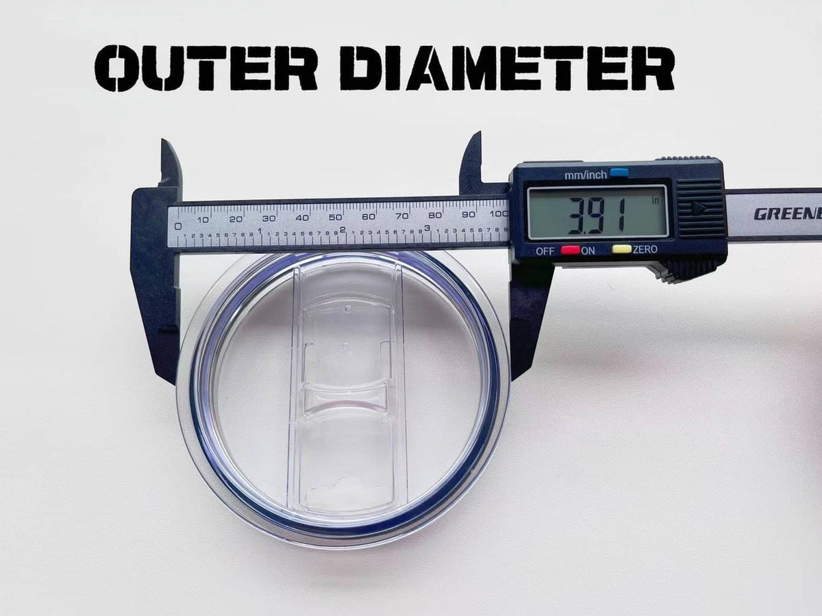 Replacement tumbler lid with outer diameter gauge and clear plastic lid panel