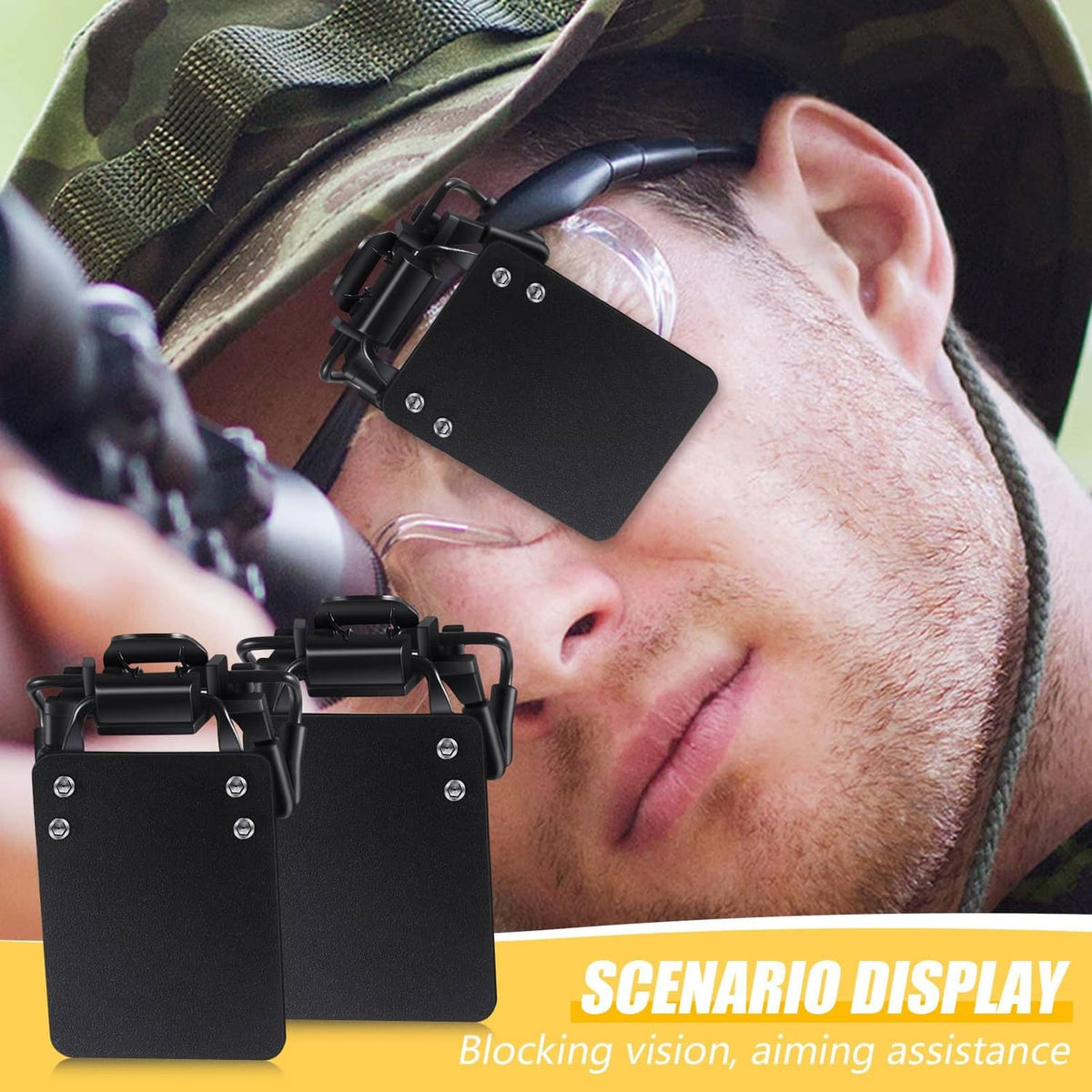 Black clip-on shooting glasses patch clipped near eye on person wearing a hat