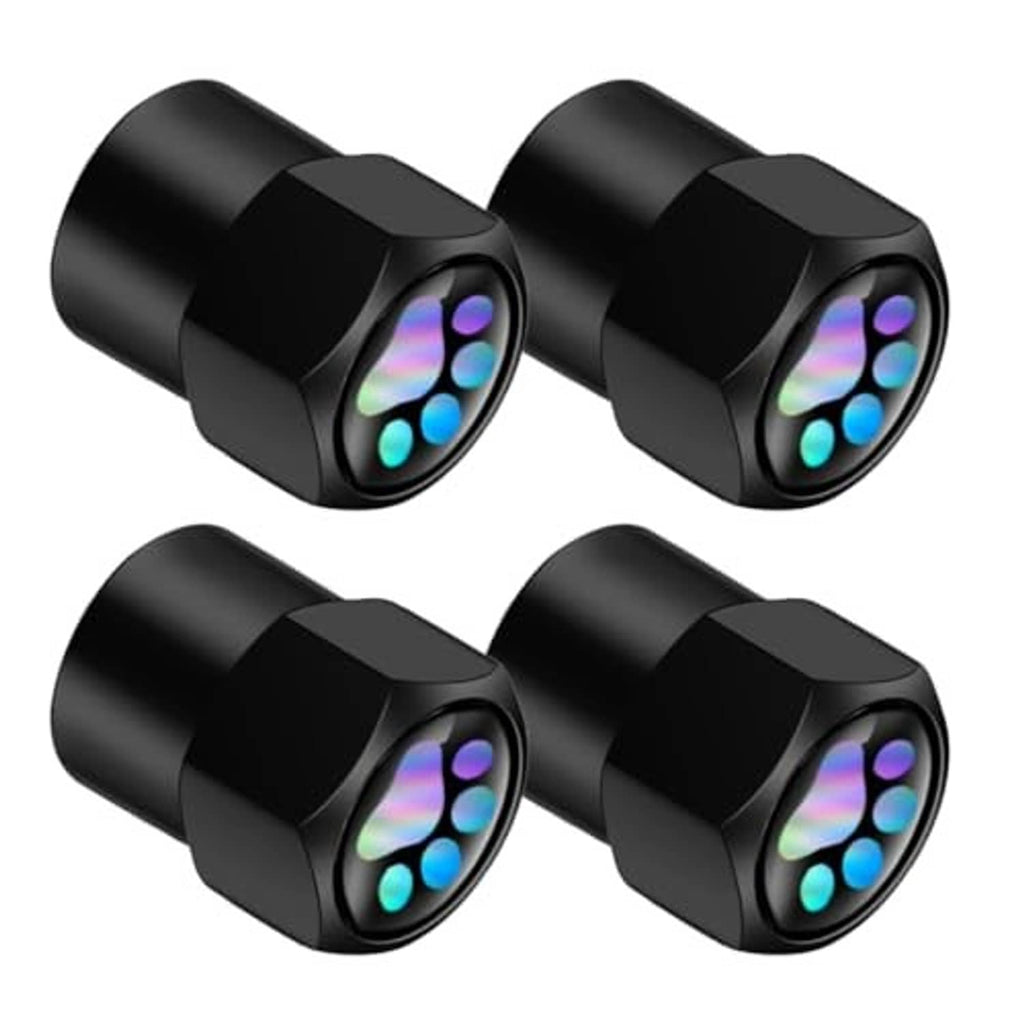 4-piece set of black tire valve stem caps with glowing paw emblem