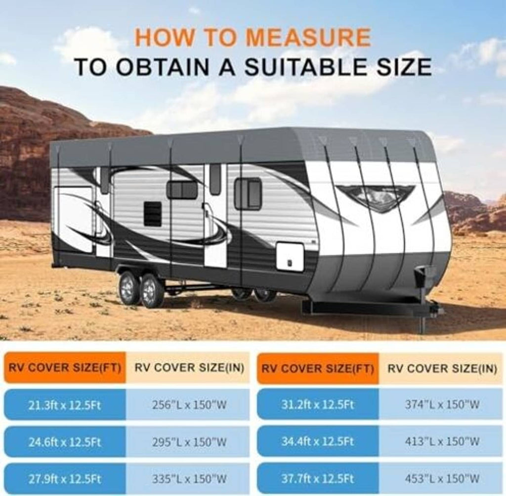 Grey RV roof cover on a travel trailer, sized for Class A/B/C RVs.