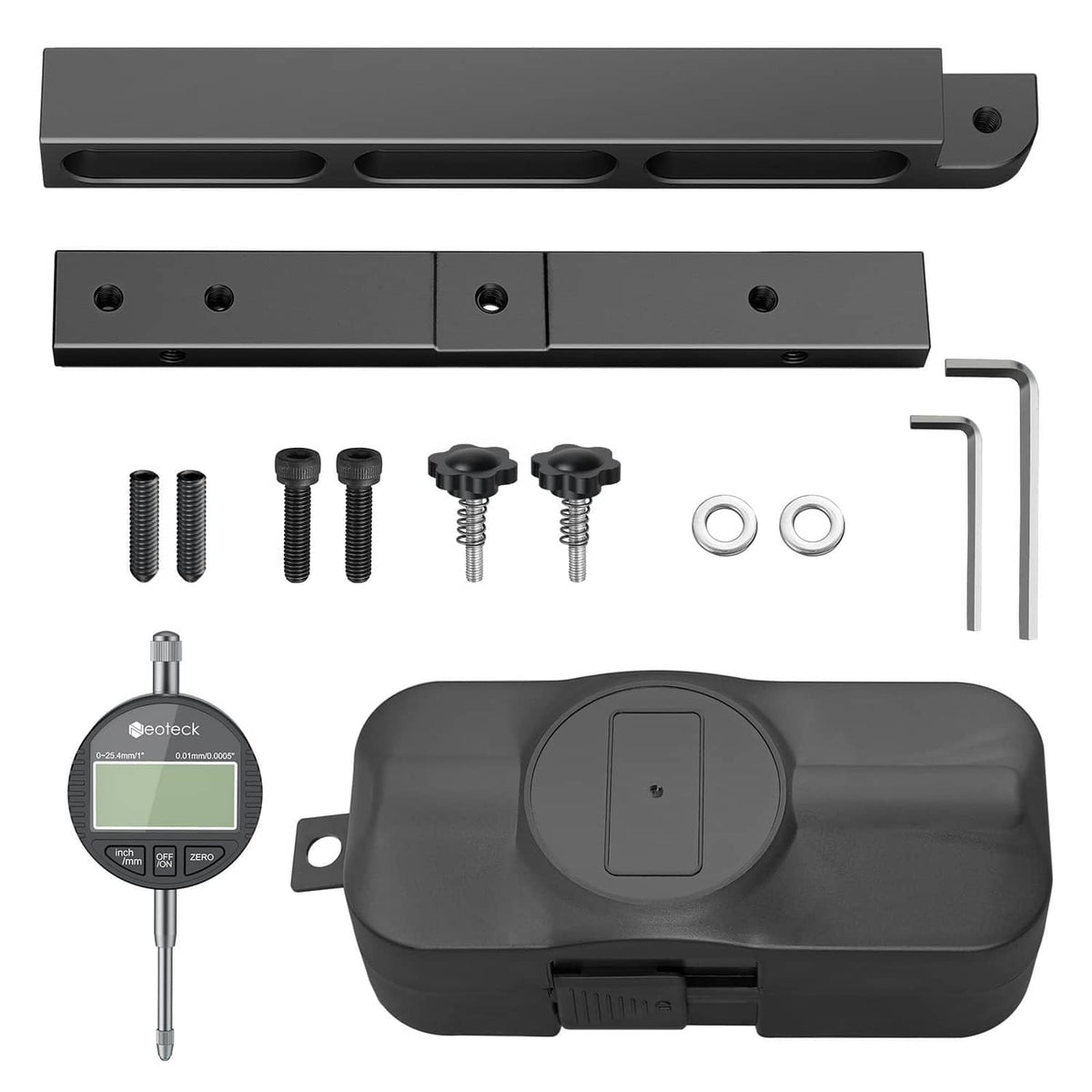 Digital dial indicator with probe rod and black mounting accessories in case